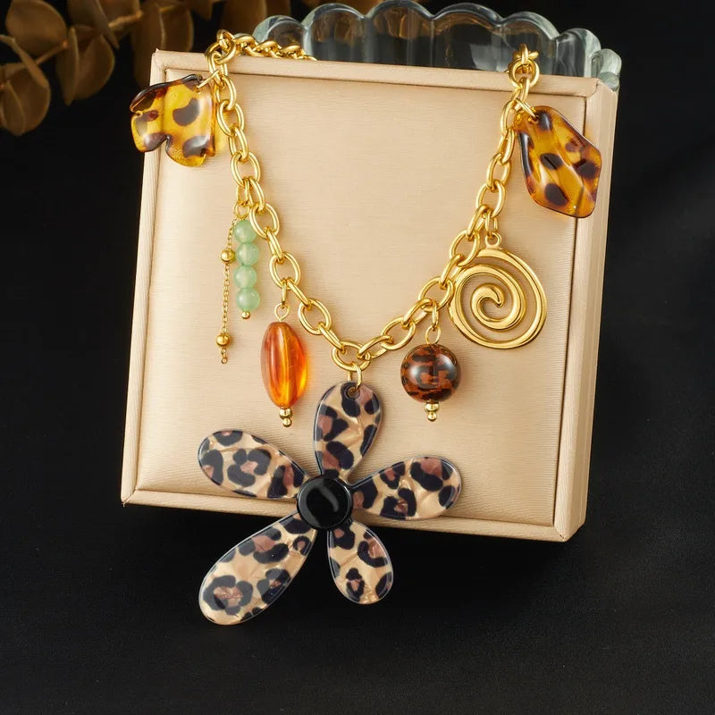 Acrylic Leopard Print Flower Pendant Spiral Gold-Plated Stainless Steel Tassel Necklace Vintage