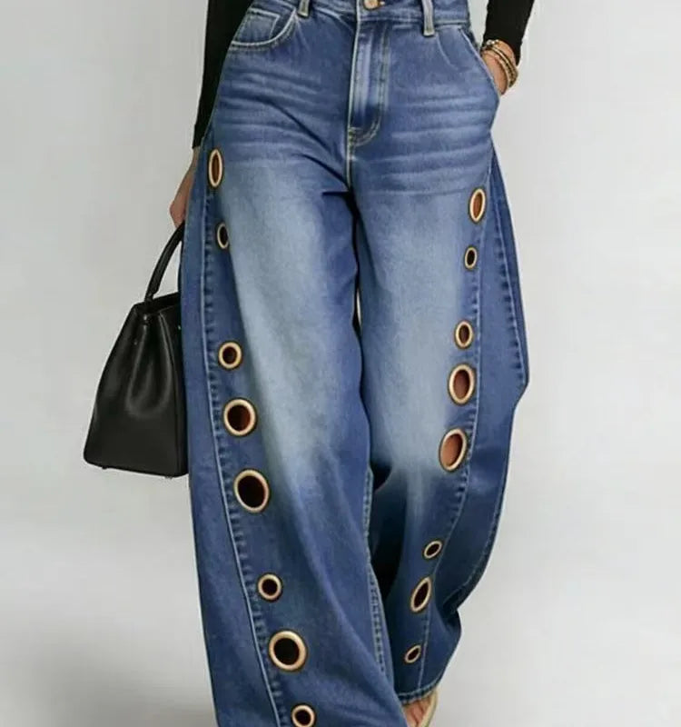 Grommet High Waist Wide-Leg Jeans
