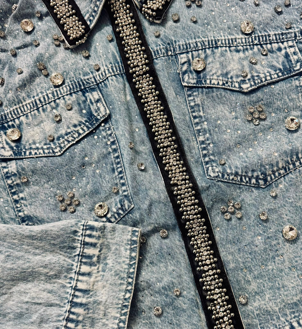 Long Sleeve Denim Two-Piece Set With Rhinestone✨