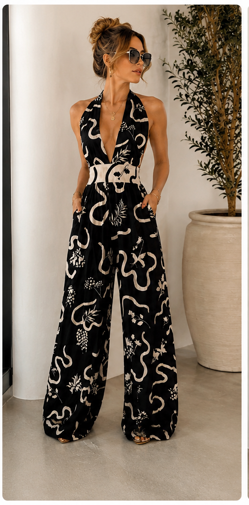 Jumpsuit Halter Abstract Noir