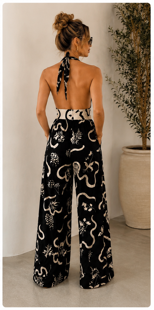 Jumpsuit Halter Abstract Noir