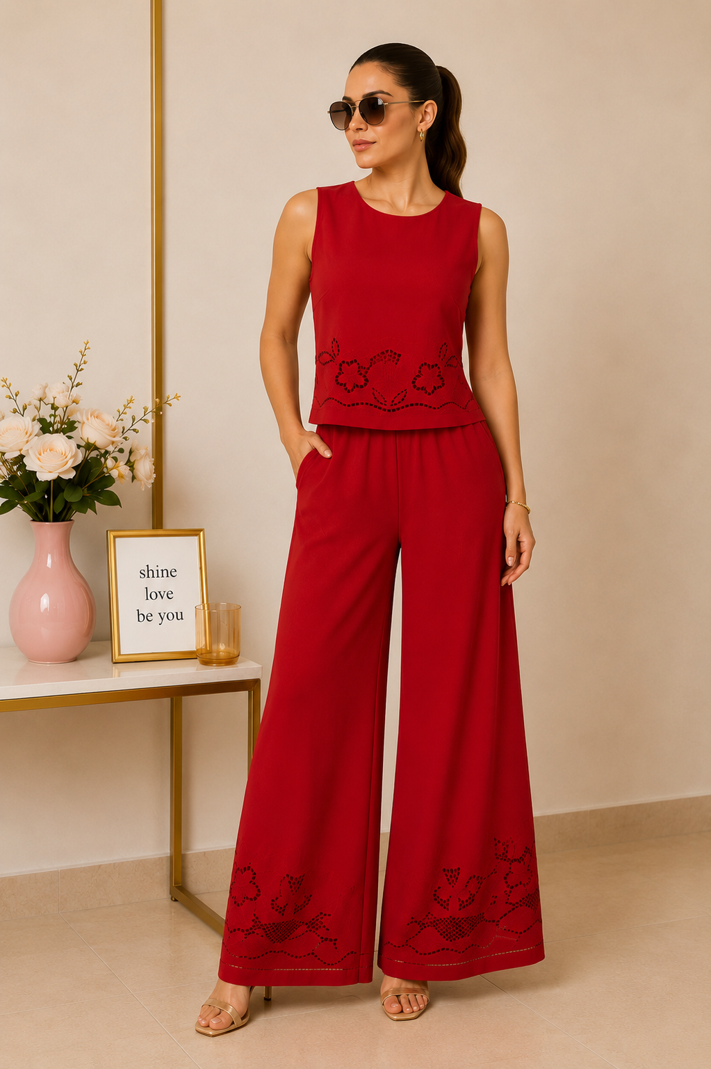 Set Rojo Elegante con Bordado Calado