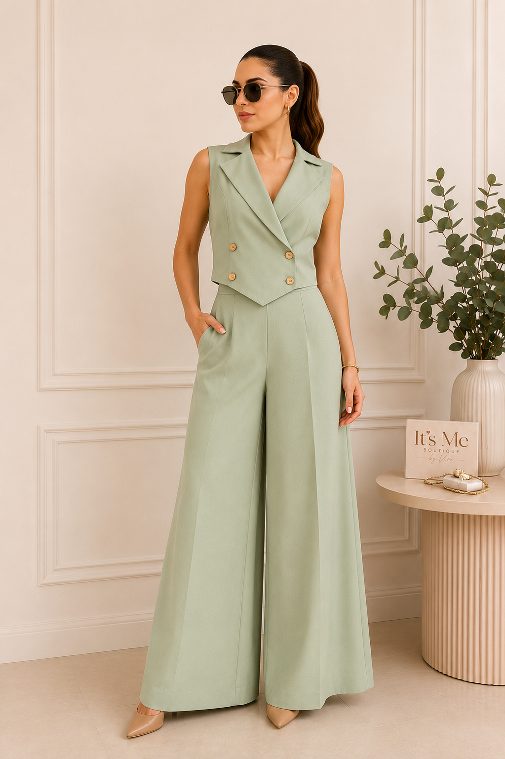 Conjunto Sage Elegante de Chaleco y Pantalón Palazzo