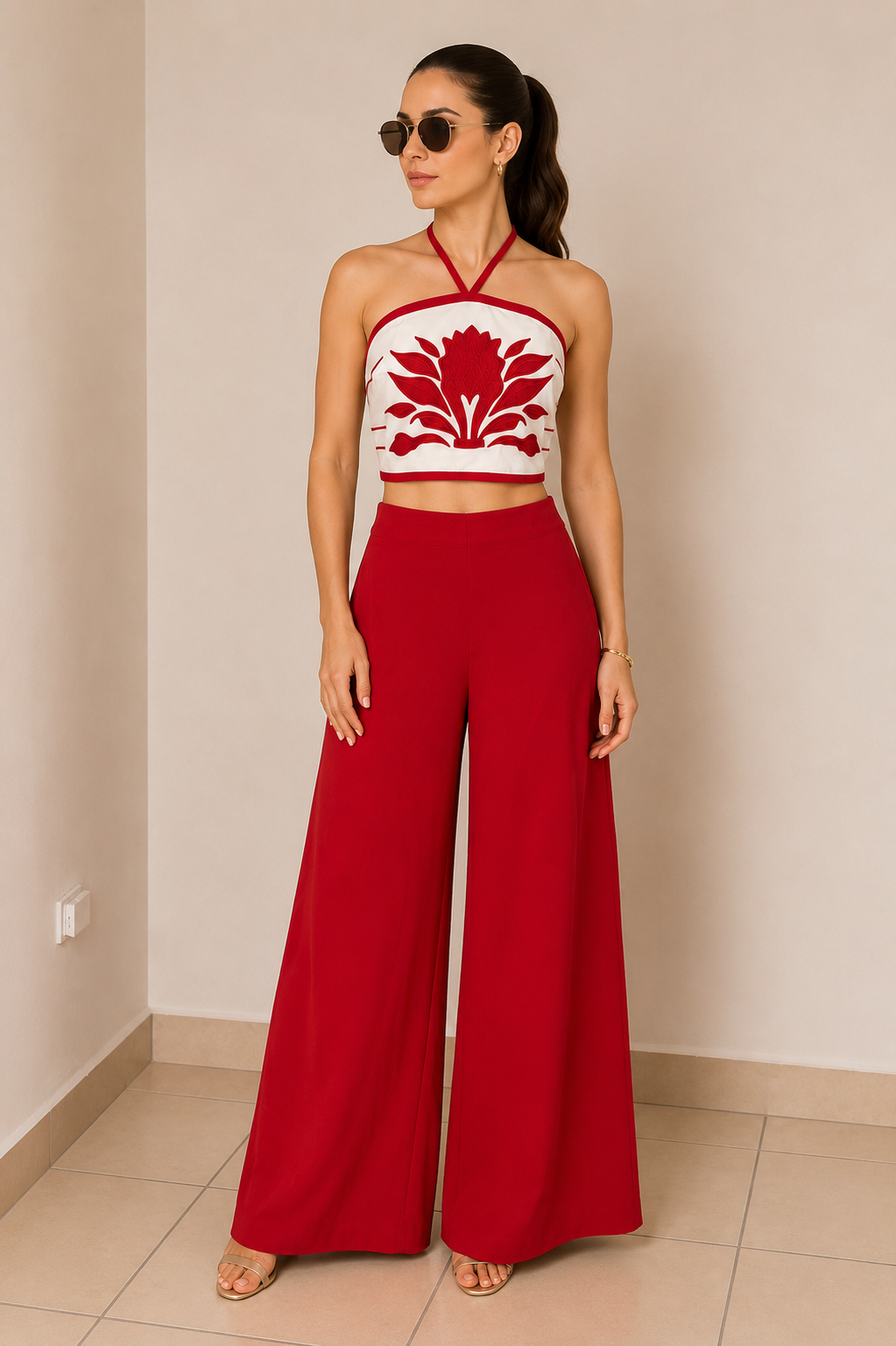 Set Floral Rojo con Pantalón Palazzo