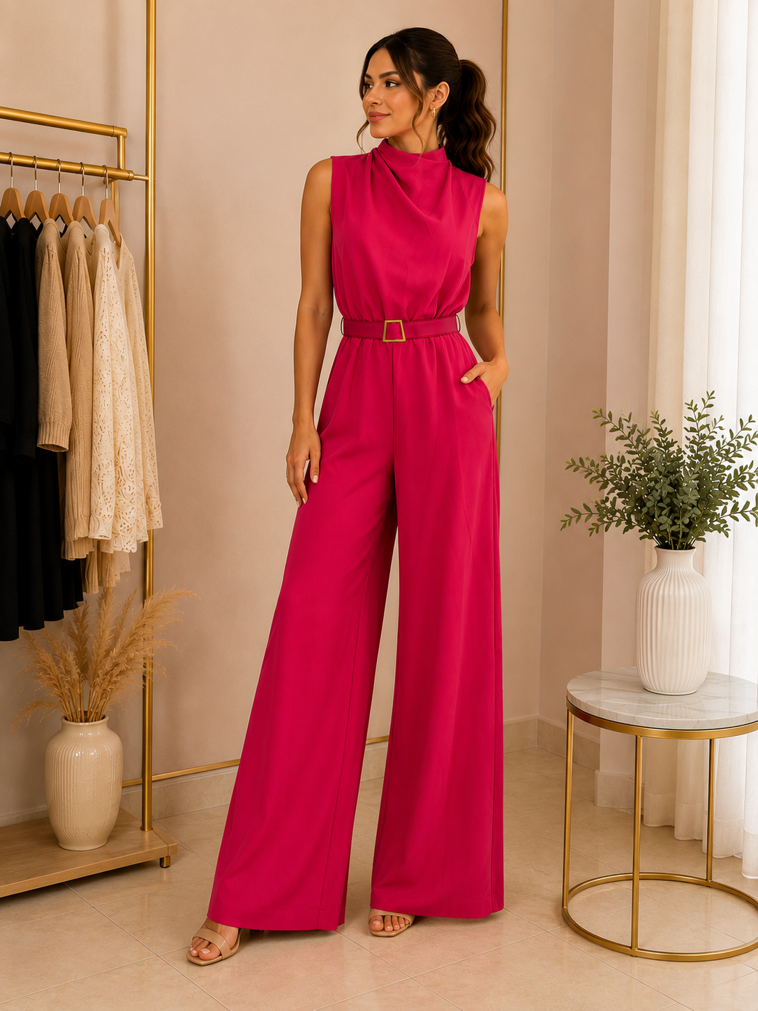 Jumpsuit Fucsia con Cuello Alto y Cinturón