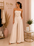 Jumpsuit Strapless Beige con Perlas y Cinturón