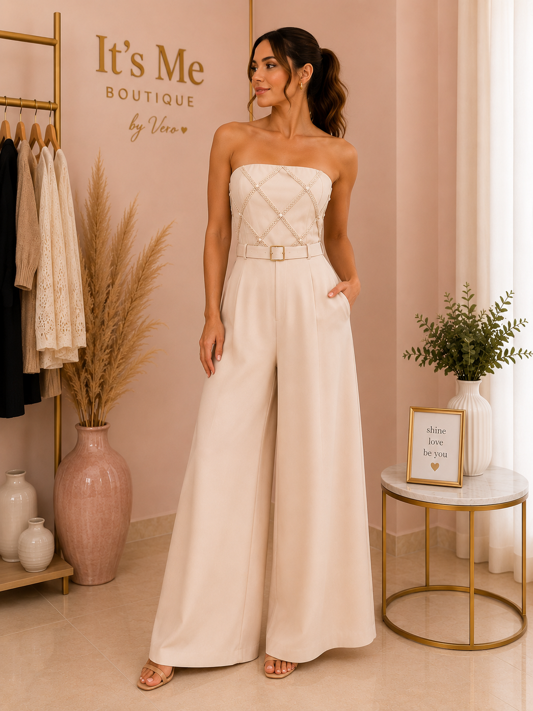 Jumpsuit Strapless Beige con Perlas y Cinturón