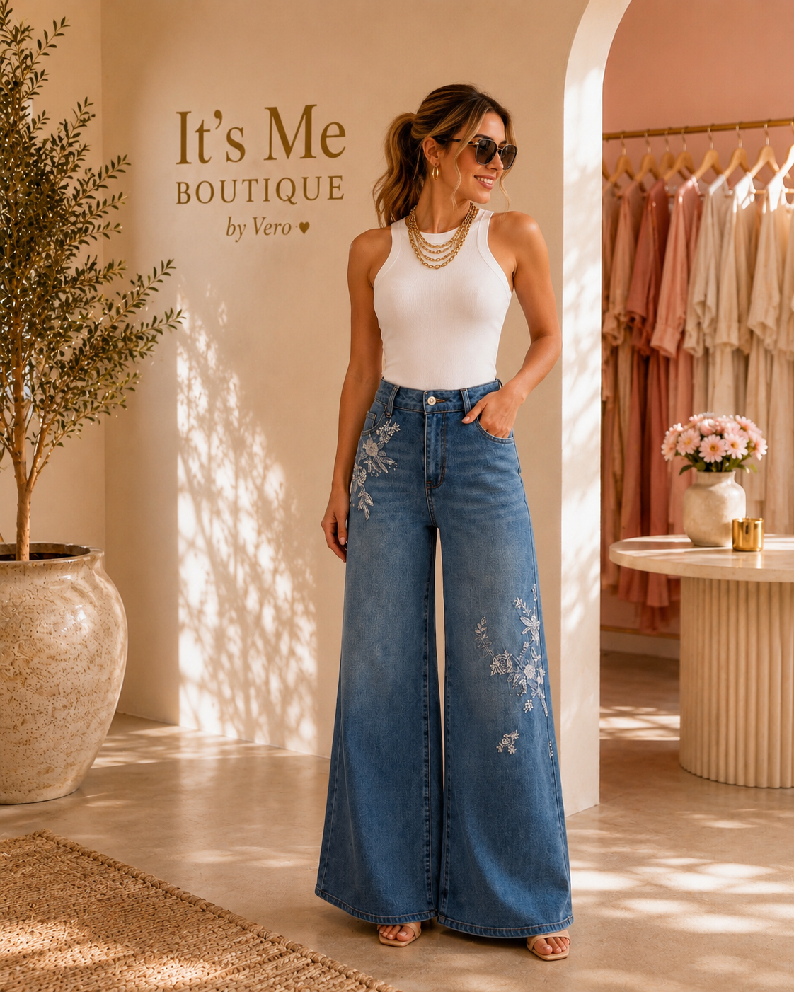 Jean Wide Leg con Bordado Floral ✨