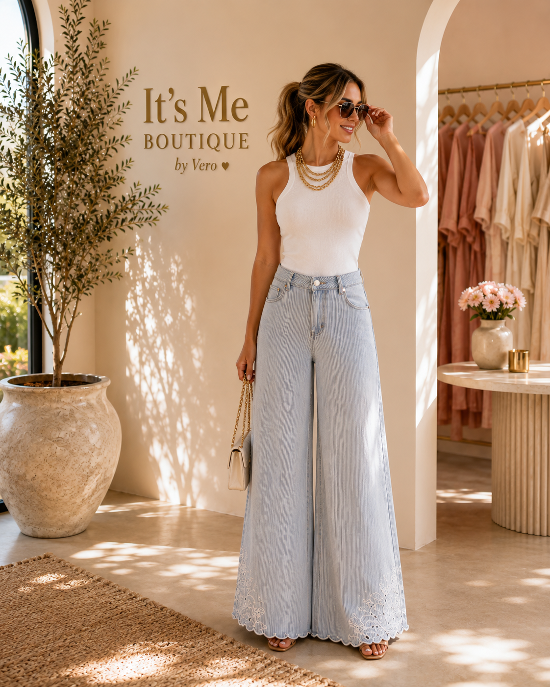 Jean Wide Leg Rayado con Encaje y Brillo Sutil ✨