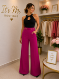 Pantalón Fuchsia de Tiro Alto con Detalle Dorado