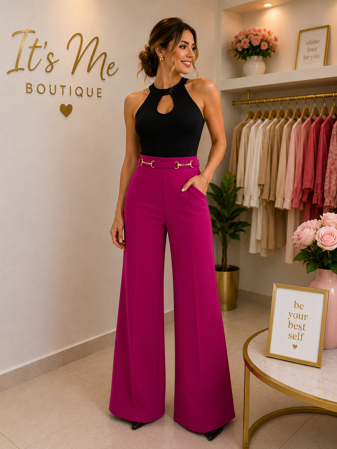 Pantalón Fuchsia de Tiro Alto con Detalle Dorado