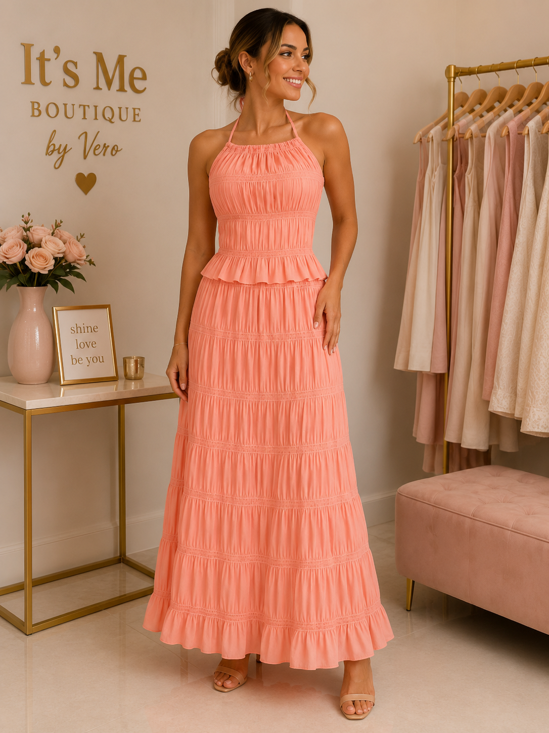 Set Halter Rosa Coral con Falda Maxi