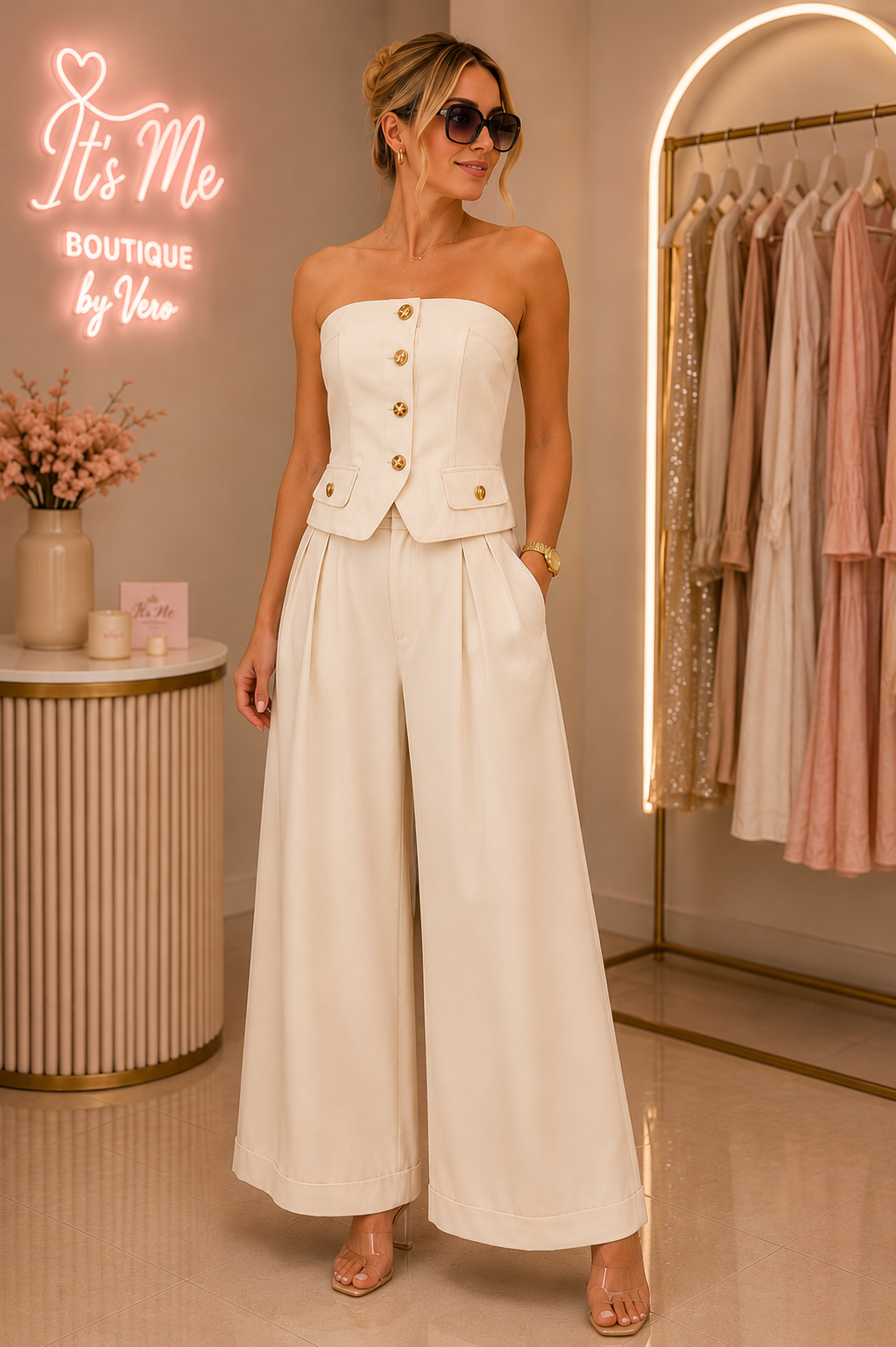 Set Strapless Crema con Pantalón Wide Leg