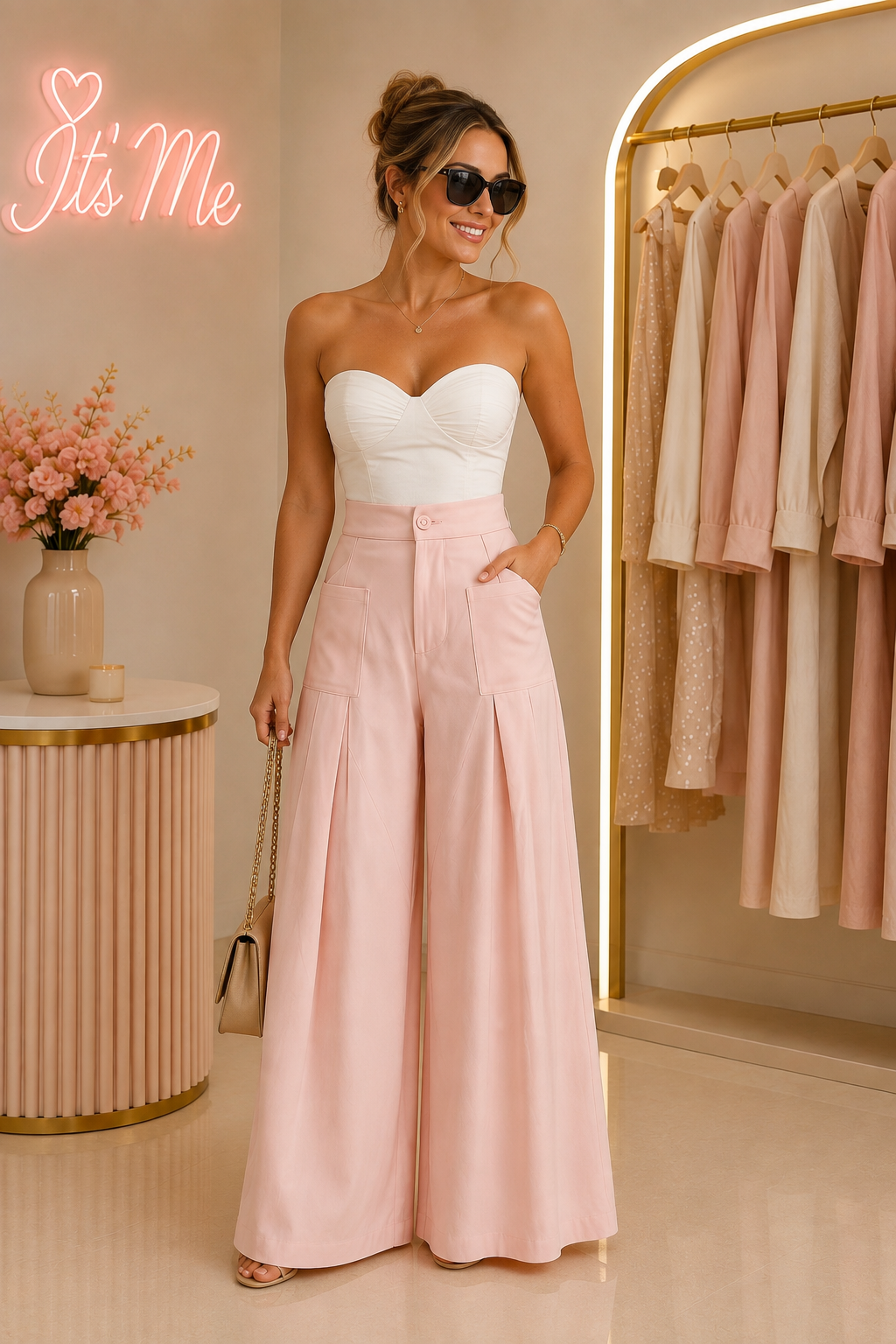 Pantalón Palazzo Rosa Pastel de Cintura Alta