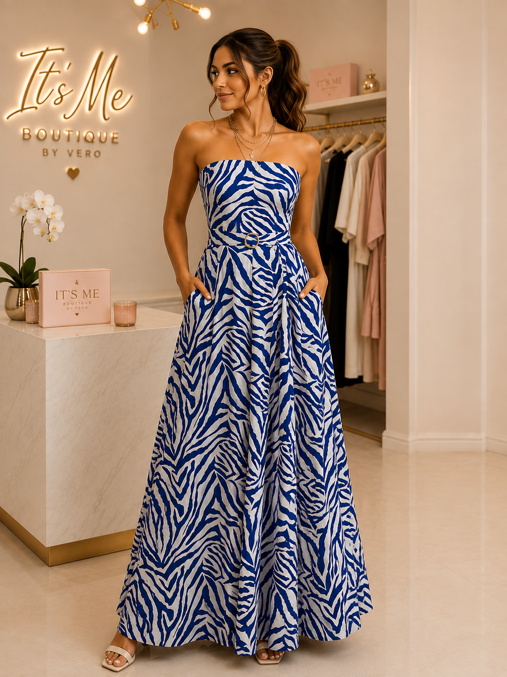 Jumpsuit Maxi Strapless con Estampado Cebra Azul