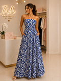 Jumpsuit Maxi Strapless con Estampado Cebra Azul
