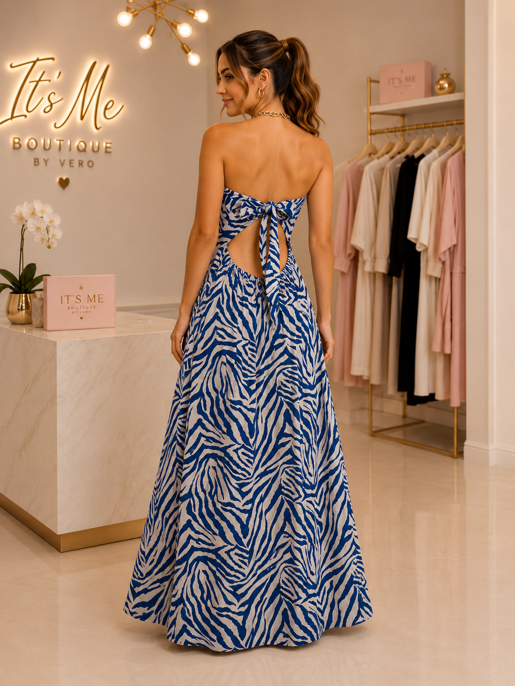 Jumpsuit Maxi Strapless con Estampado Cebra Azul
