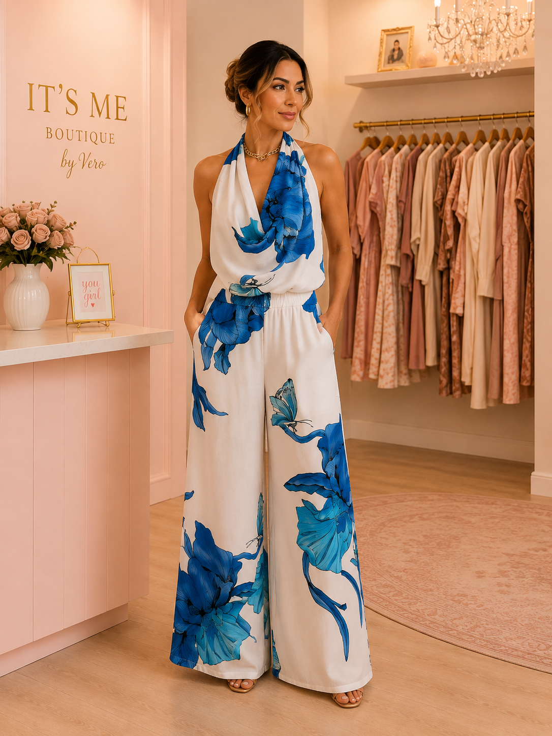 Set Floral Azul y Blanco con Top Halter