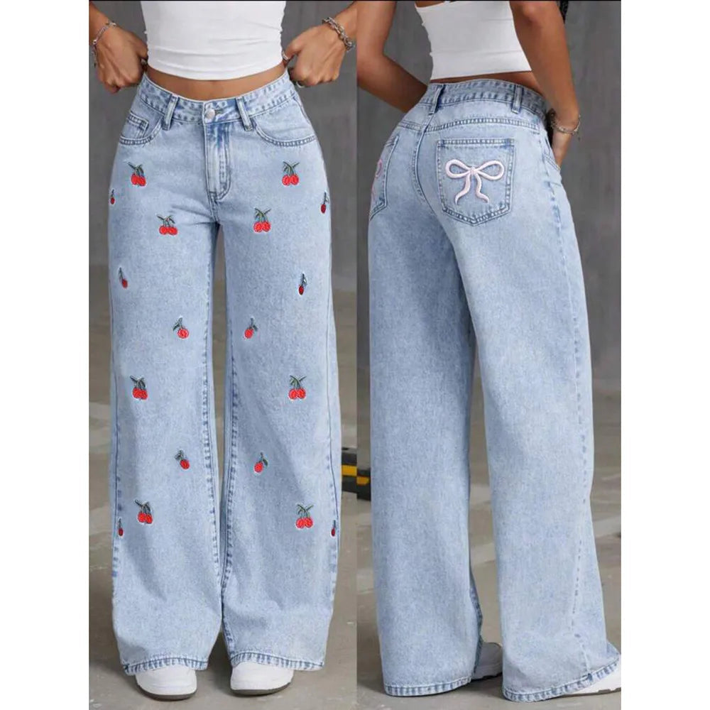 Cherry Embroidered High Waist Wide-Leg Jeans