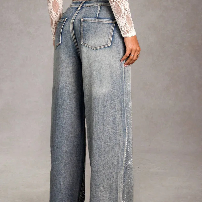 Casual Full Length Jeans For Women In Cotton Fabric With Buckle Detail (Rhinestones)