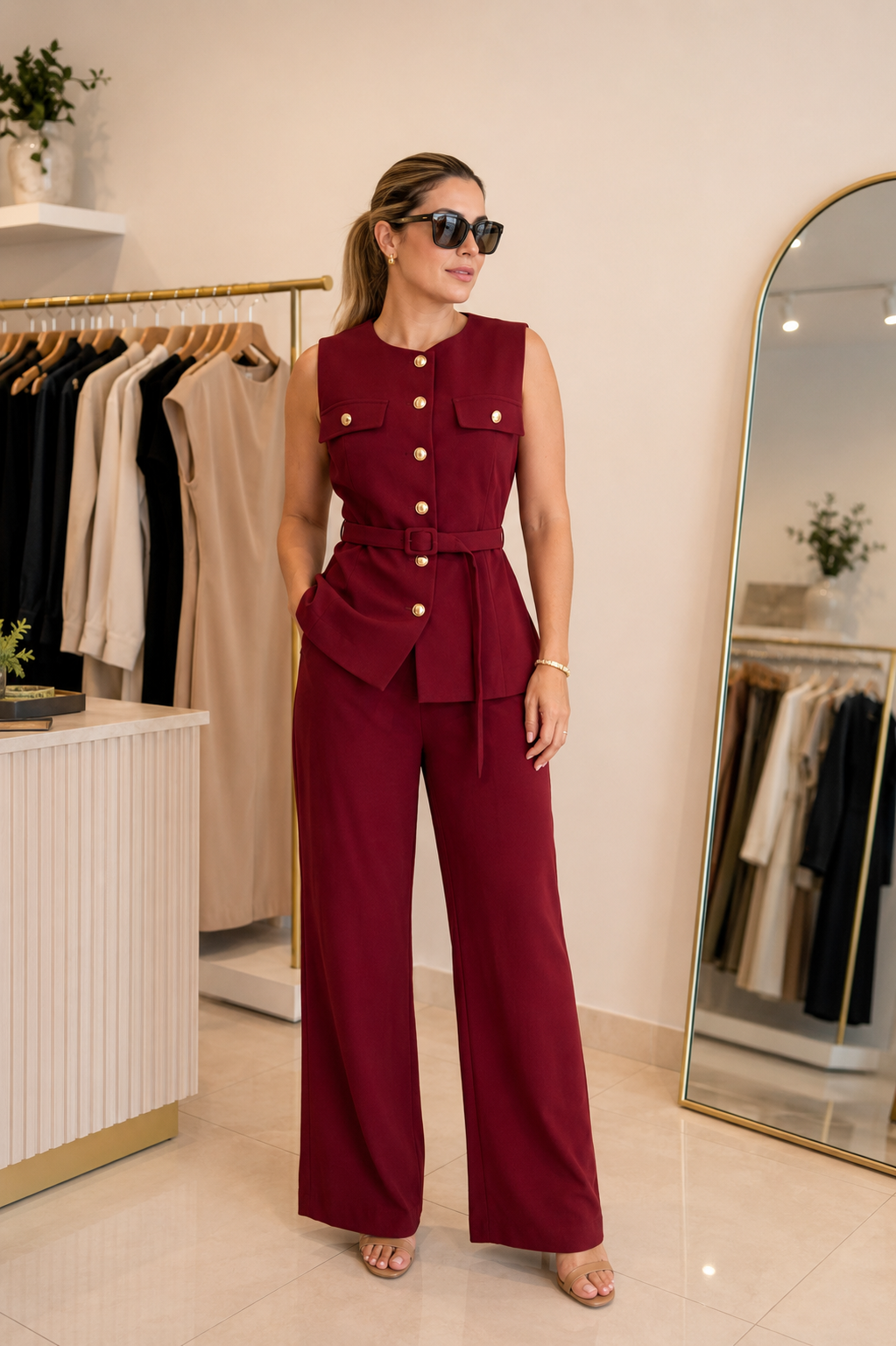 Burgundy Belted Vest & Wide-Leg Pants Set