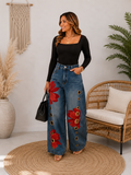 Pantalón Wide Leg Floral Efecto Denim