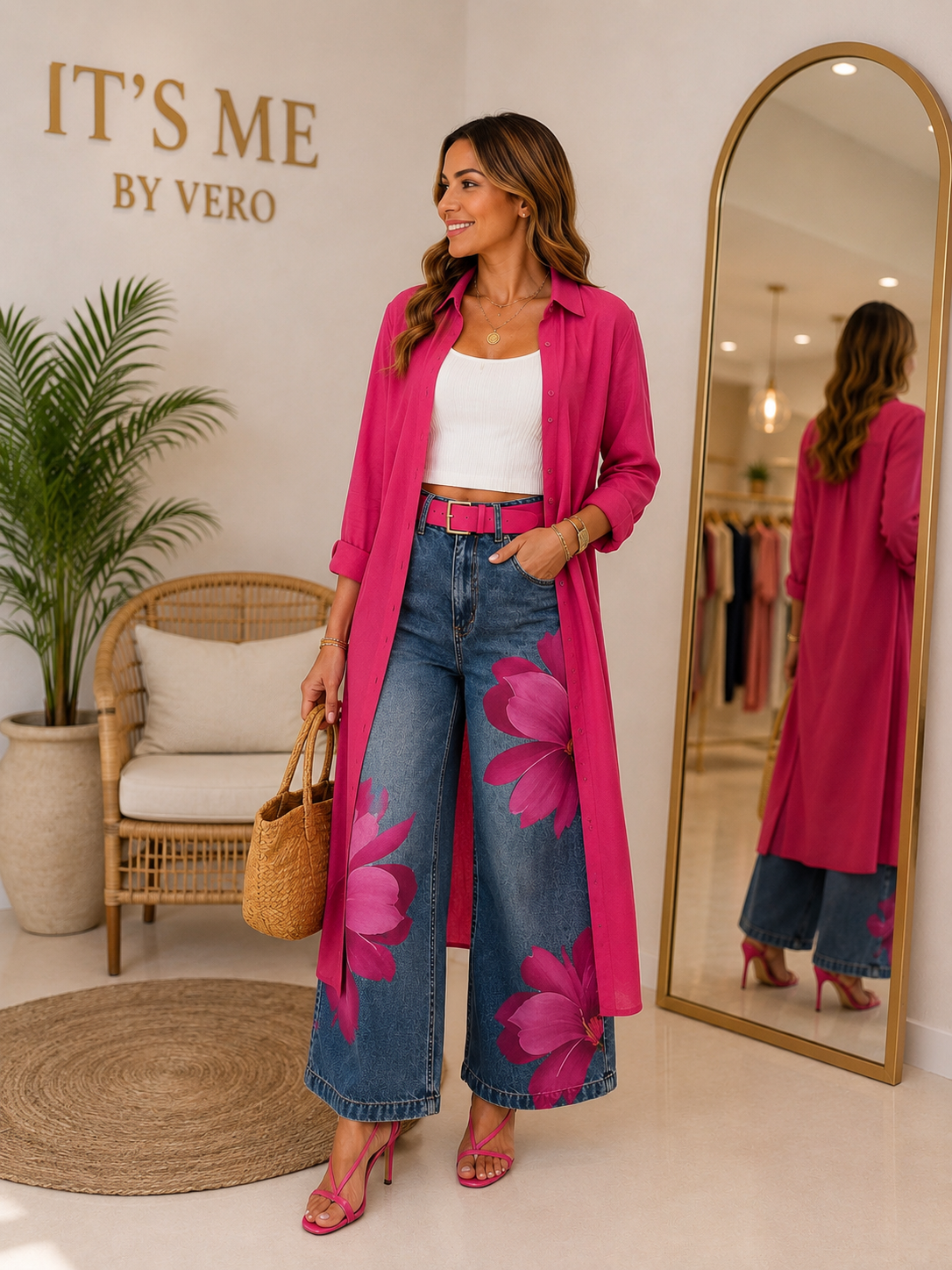 Pantalón Wide Leg Floral Efecto Denim con Correa Rosa