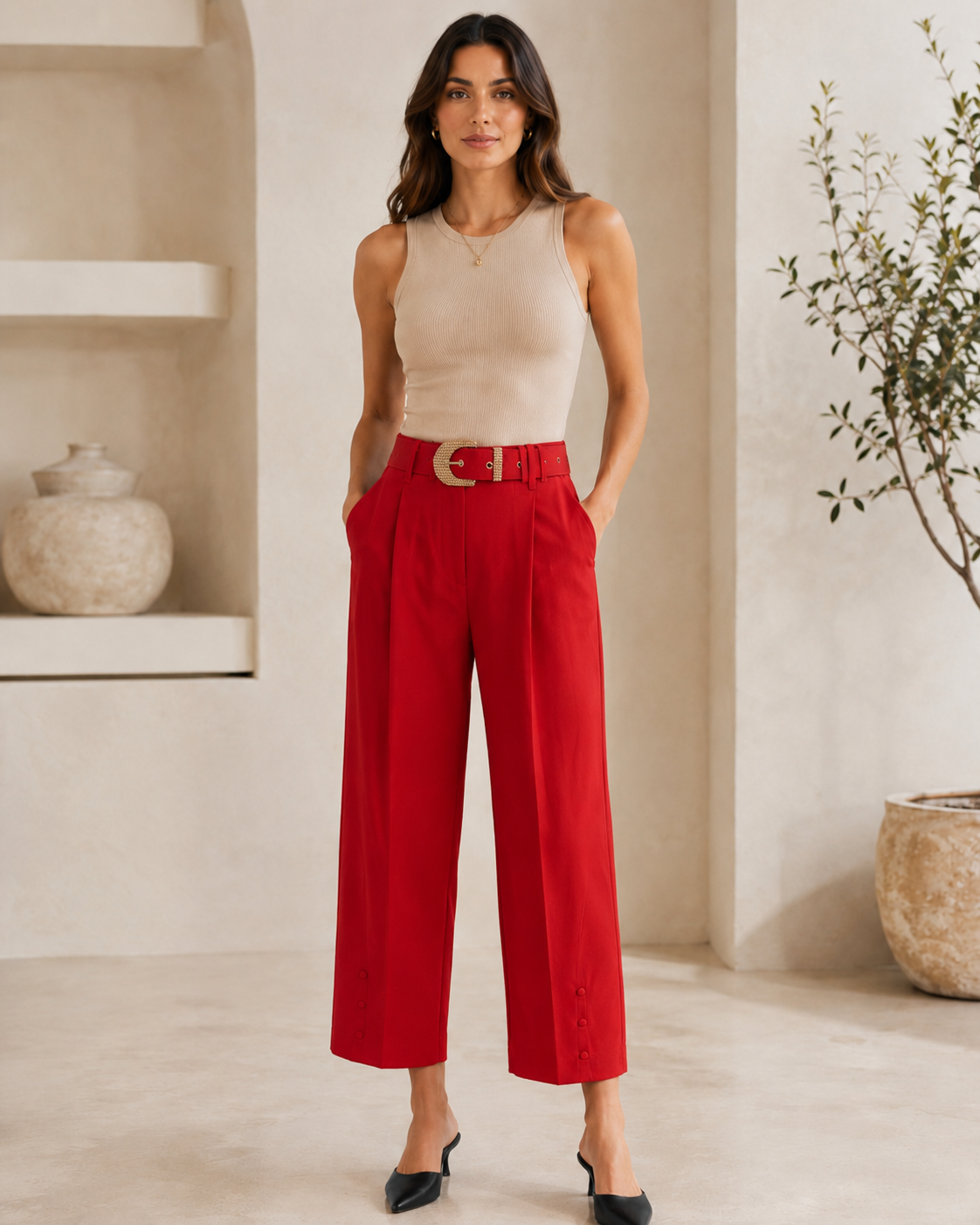 Red Belted Cropped Pants