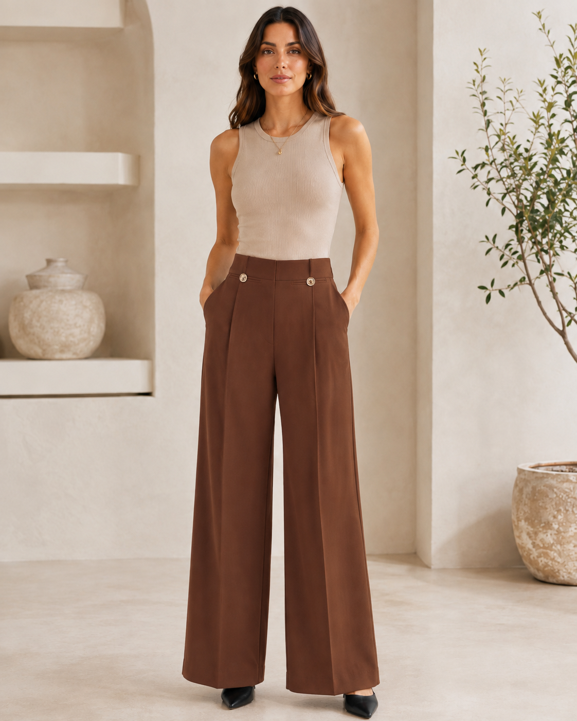 Chocolate Gold Button Wide Leg Pants