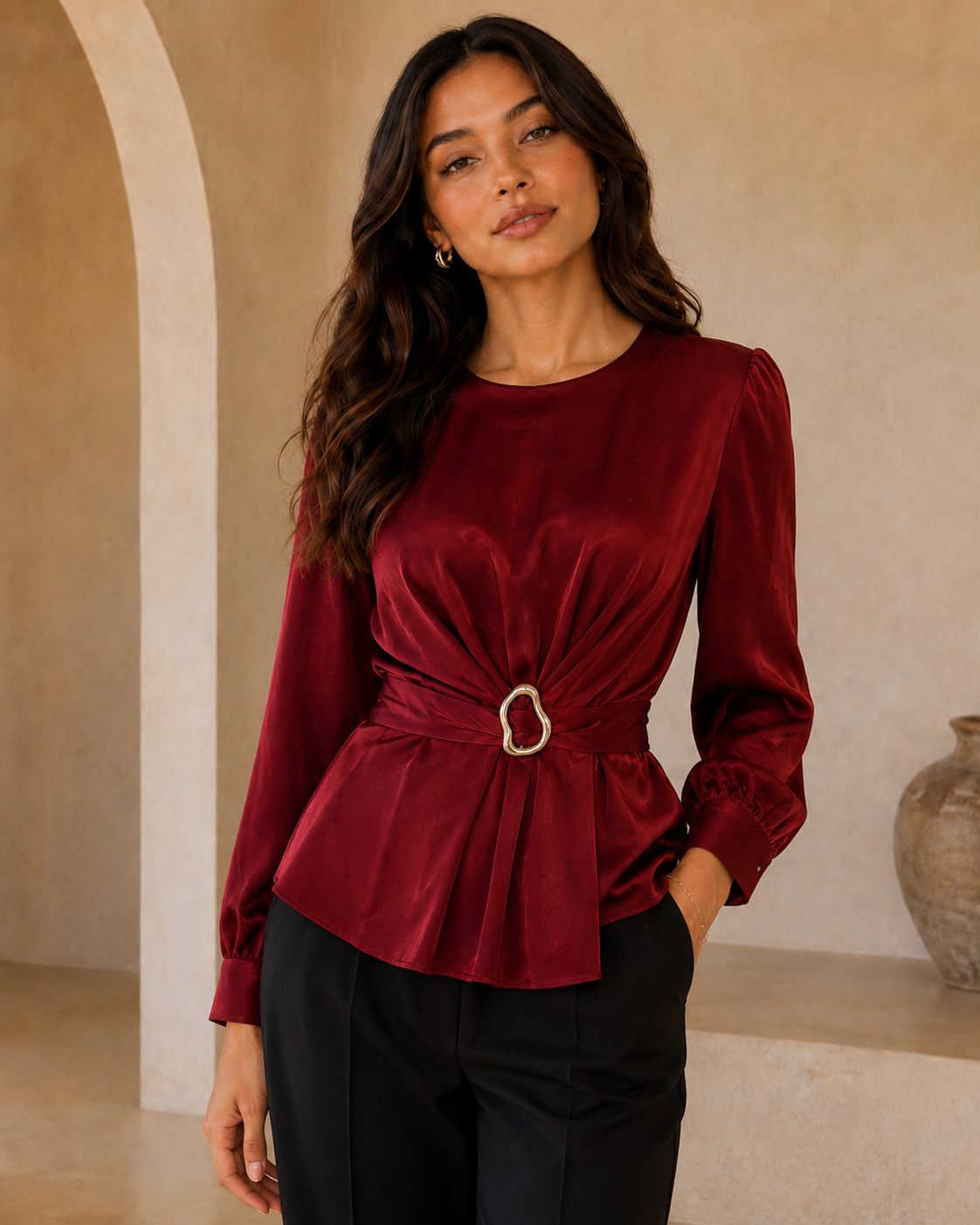 Wine Satin Buckle Blouse