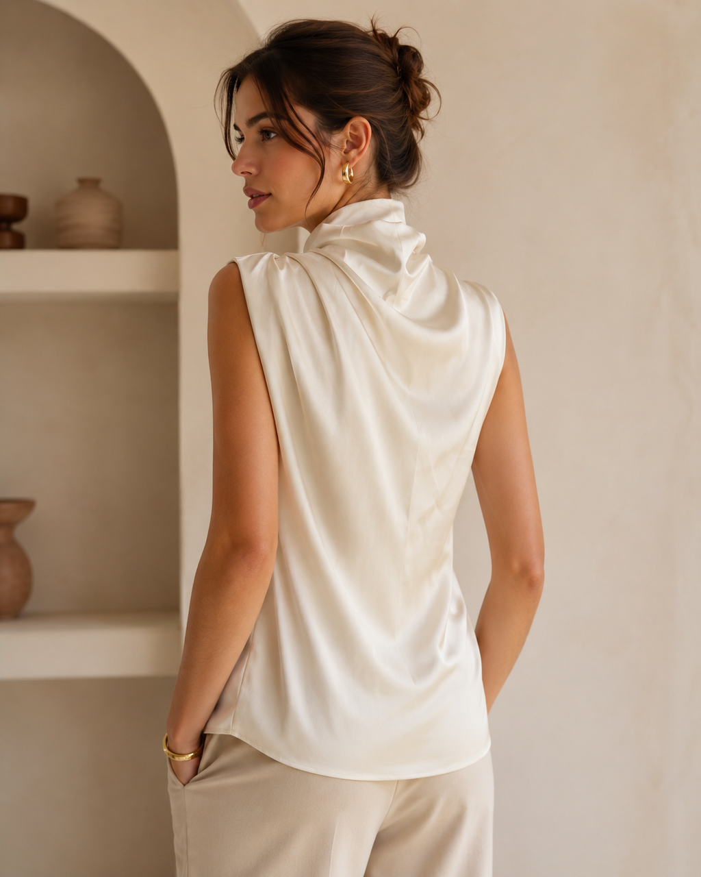 Ivory Satin Mock Neck Top