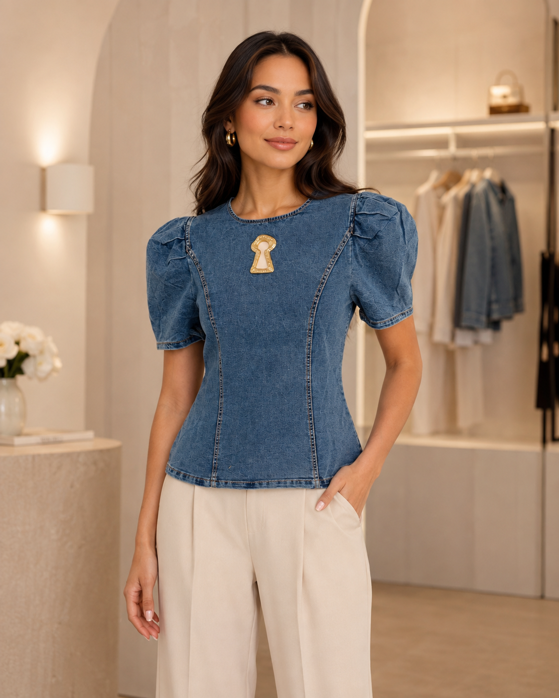 Denim Keyhole Puff Sleeve Top