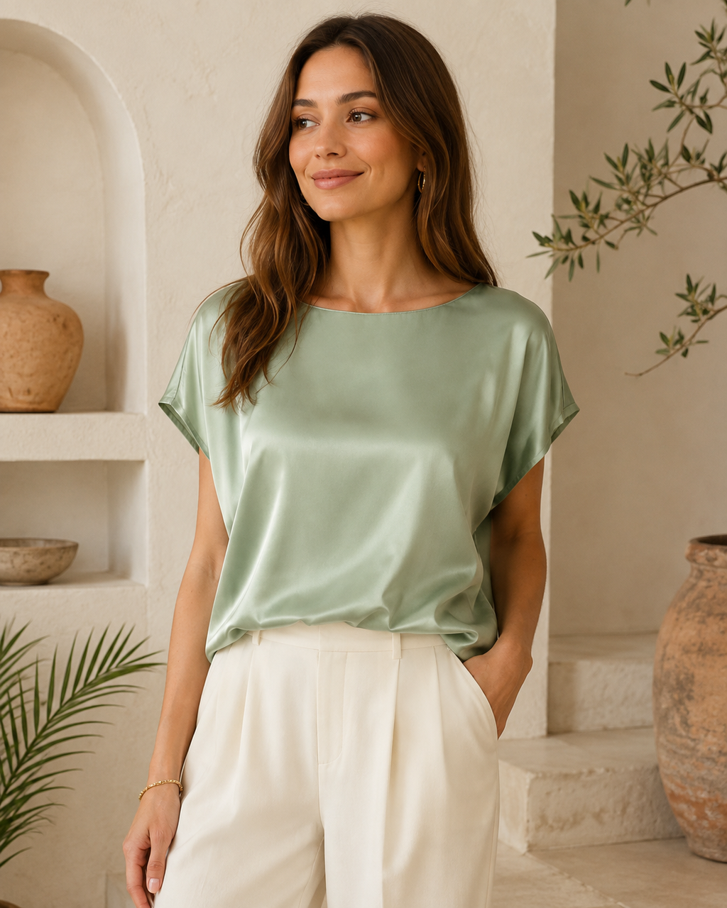 Sage Open Back Satin Top