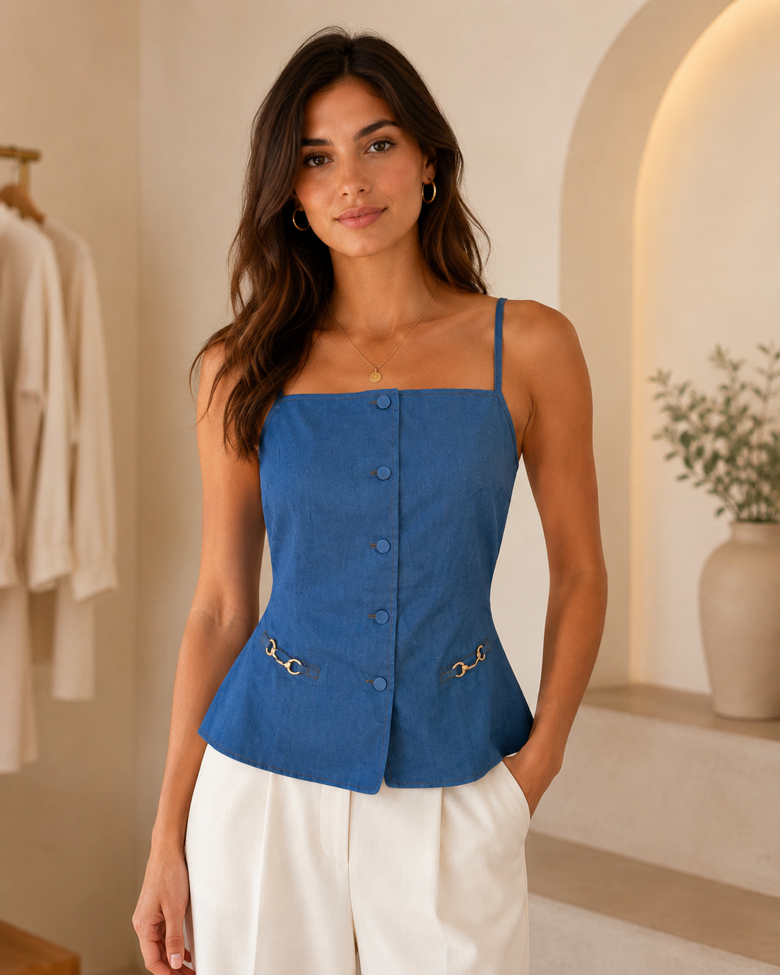 Blue Open Back Button Top