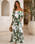 Tropical Leaf Off-Shoulder Maxi Dress