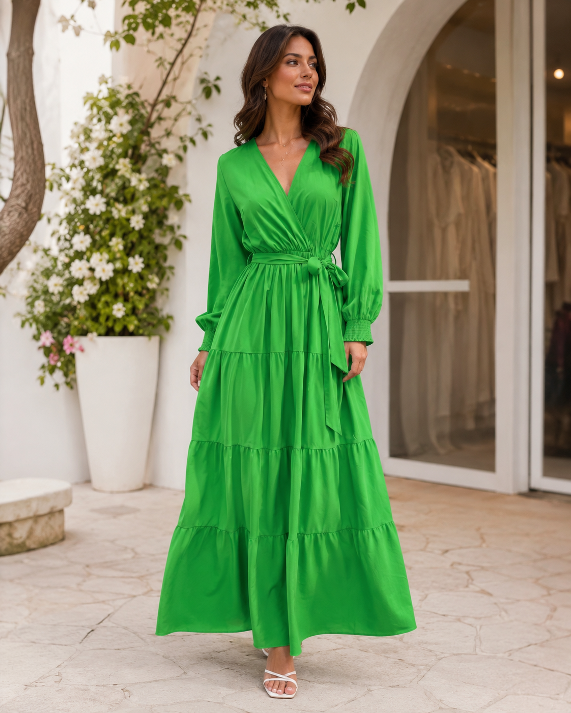 Emerald Wrap Tiered Maxi Dress