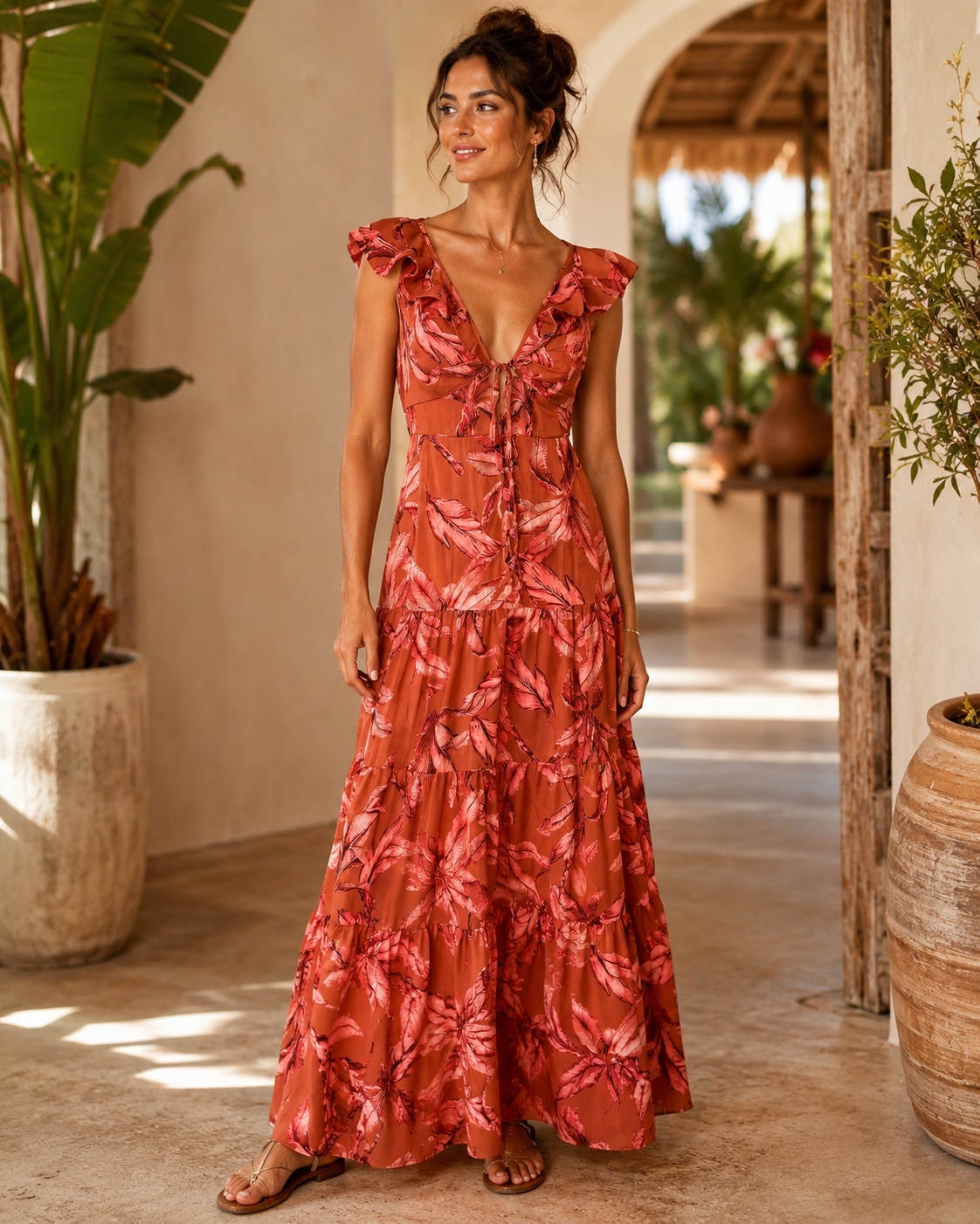Terracotta Tropical Ruffle Maxi Dress