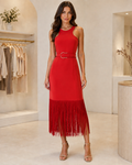 Coral Fringe Midi Dress