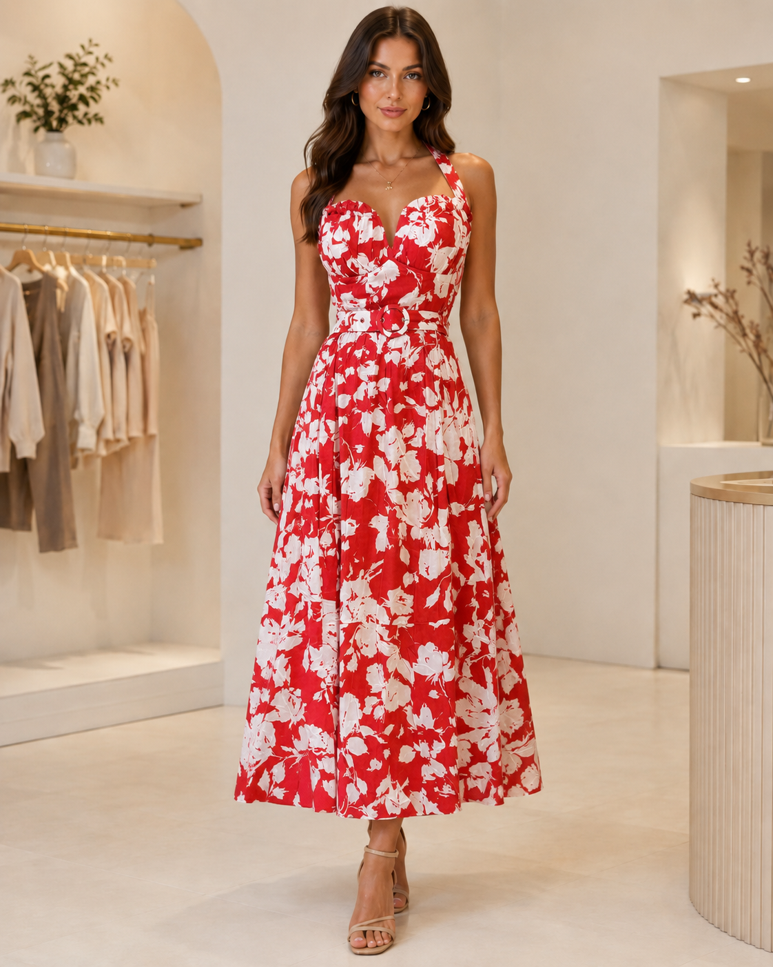 Red Floral Halter Midi Dress