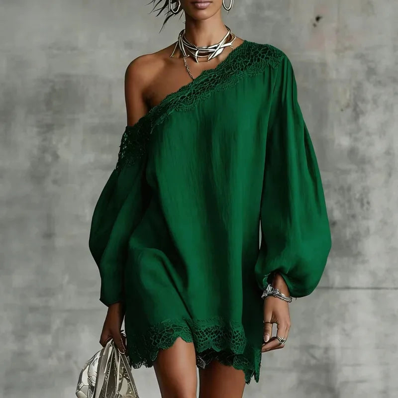 Solid Color Lace Dress With Long Sleeve And Off Shoulder Neckline